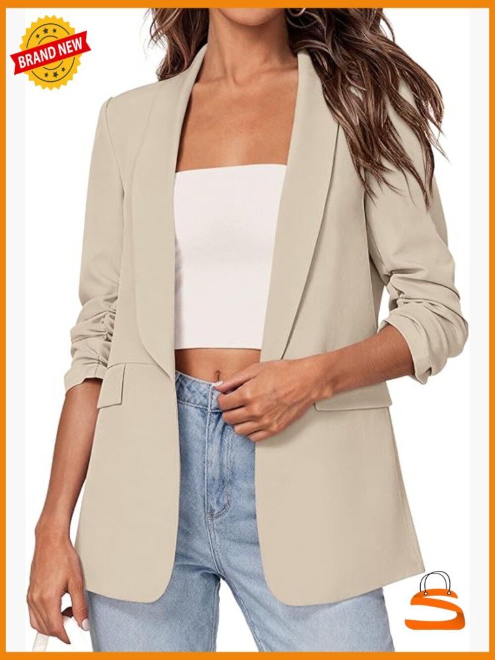 Business Casual Open Front Ruched 3/4 Sleeve Blazer Suit Jacket